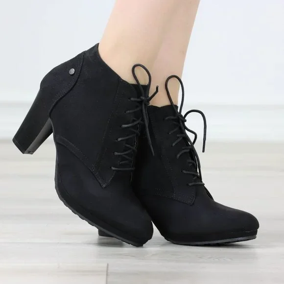 Womens Ankle Boots Lace Up Block Heel Booties Black Faux Suede - Picture 4 of 12